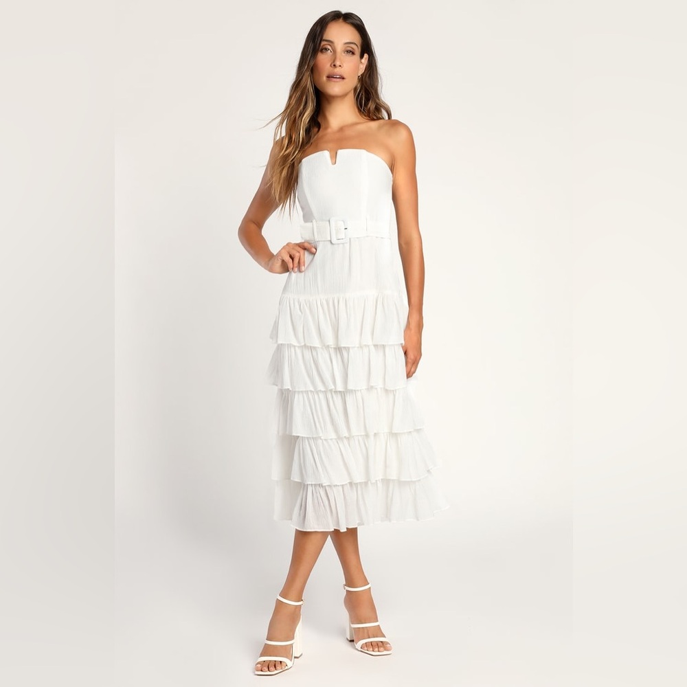 Catch a Cruise White Strapless Belted Tiered Midi Dress - Medium
